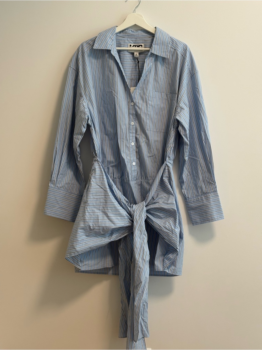 Classic Blue Stripe Long Sleeve Shirt Dress with Tie Detail - Picture 2 of 11